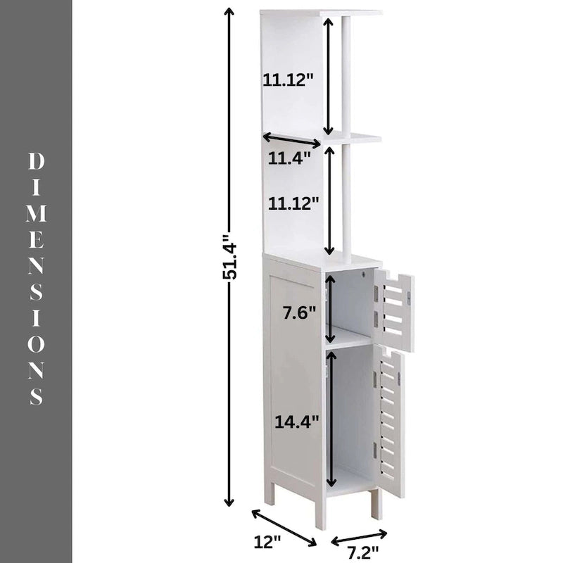 Slim Bathroom Storage Cabinet with Open Shelves and Two Doors - 51.4H x 7.2L x 12W