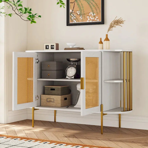 2-Door Curved Cabinet with Rattan Doors and Metal Trim