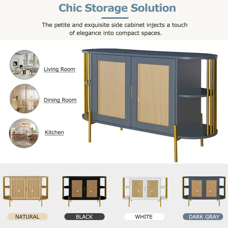 2-Door Curved Cabinet with Rattan Doors and Metal Trim