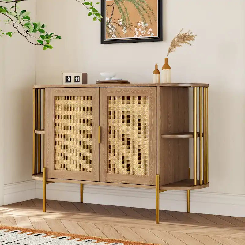 2-Door Curved Cabinet with Rattan Doors and Metal Trim