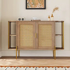 2-Door Curved Cabinet with Rattan Doors and Metal Trim